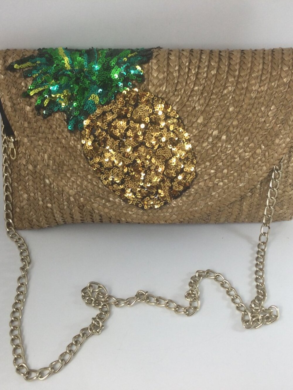 Betsey Johnson Straw Sequin Pineapple Crossbody Clutch Bag Gold Chain